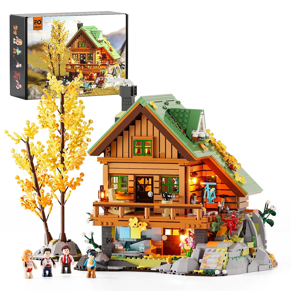 Lumibricks F9035 Mountain Cabin set with box, figures, and tree