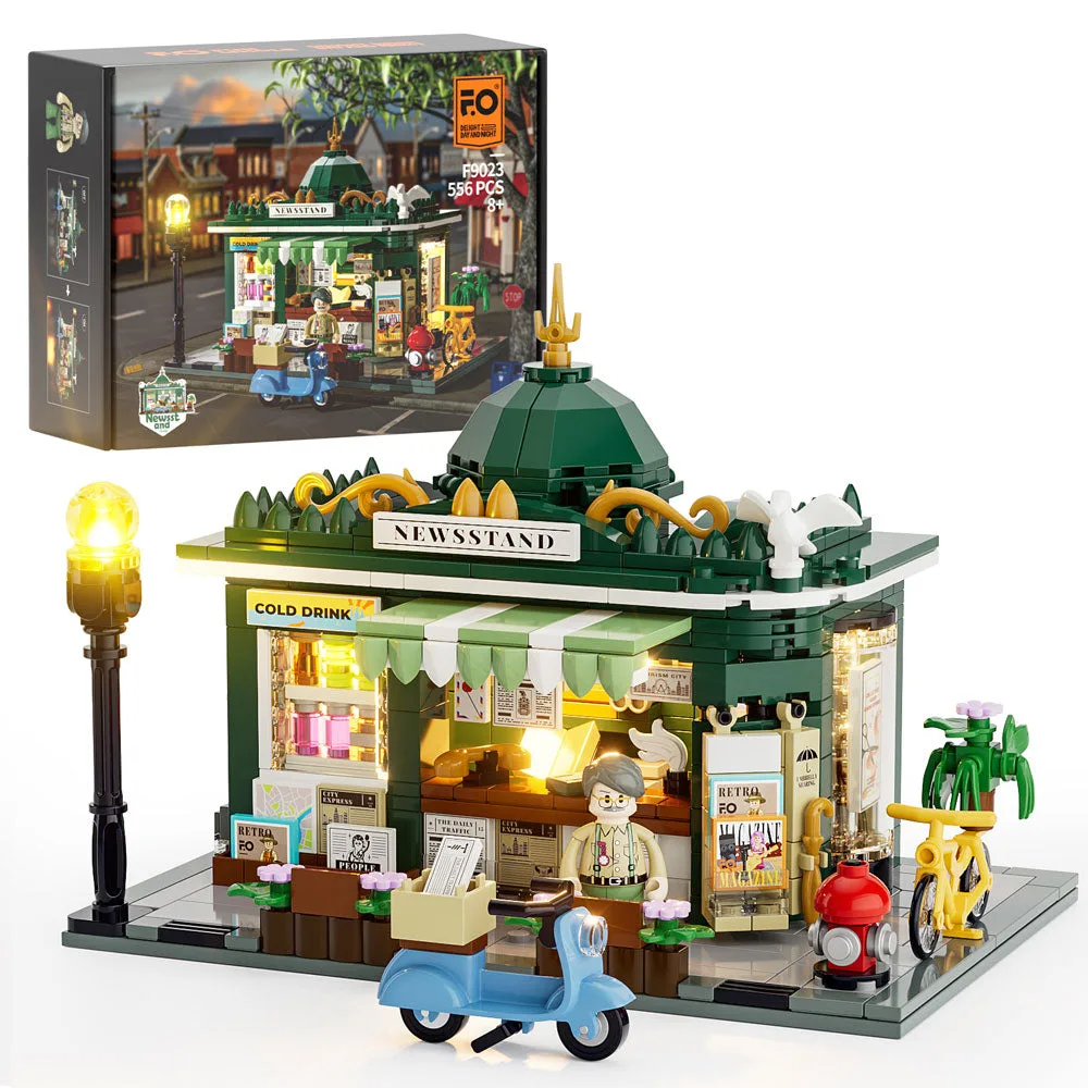 Lumibricks F9023 Newsstand set with full box art and model illuminated.