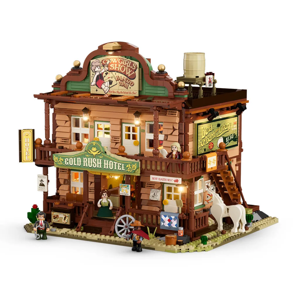 Lumibricks 'Gold Rush Hotel' Western-themed building set 14014, illuminated in daylight with minifigures and a white horse.