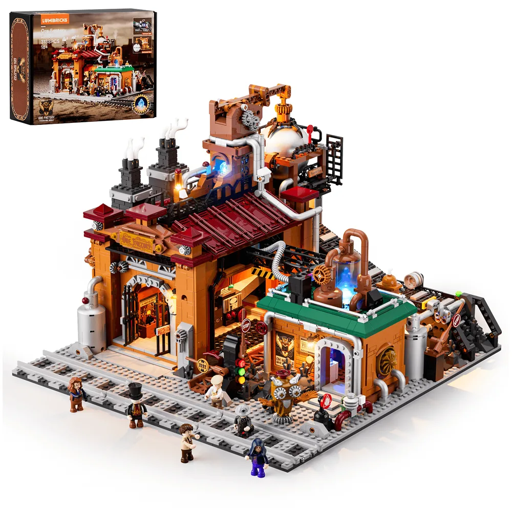 Full view of the Lumibricks Steampunk Ore Factory set L9101, showcasing its intricate details, 3138 pieces, and 6 minifigures, with the product box visible in the upper left corner. The build features 27 light points and 12 light strips, bringing the industrial scene to life with warm, inviting illumination.