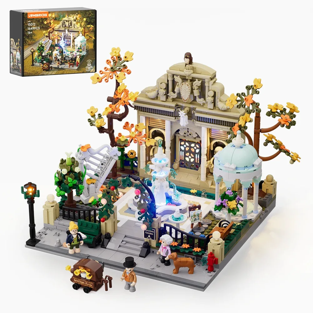 Lumibricks Pocket Garden 15012 set, showing the main building, fountain, gazebo, trees, and minifigures, with the product box in the top left corner.
