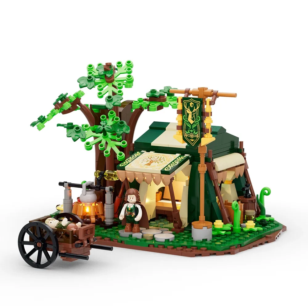 Lumibricks Ranger Camp 12014, a detailed Middle Ages outpost featuring a tent, large tree, minifigures, and a cart.