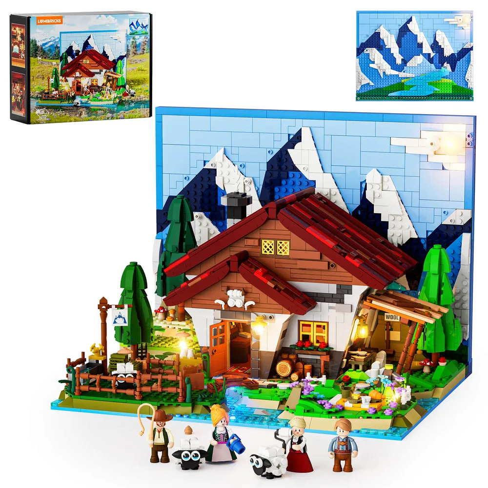 Full view of the Lumibricks Shepherd's Cottage, L9094, with 2265 pieces, 4 minifigures, and an illuminated alpine backdrop. The SNOT roof and external light points are visible.