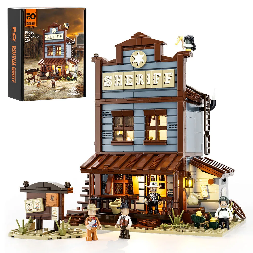 Lumibricks F9026 Sheriff's Office lighted building set with box, showing the full model, minifigures, and surrounding environment.