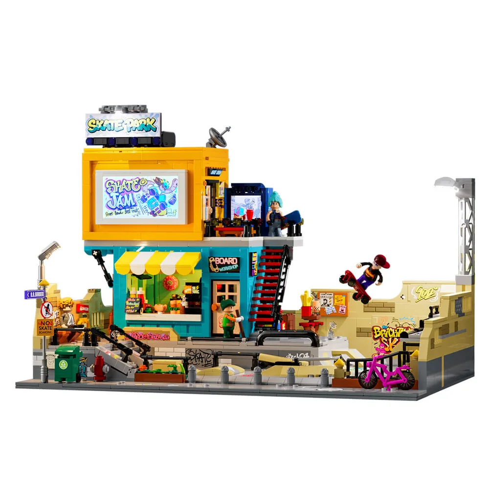 Lumibricks Street Fusion Skate Park 19011 full view with active minifigures.