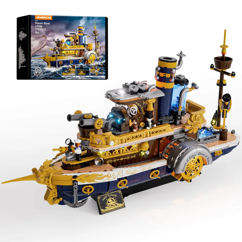 Lumibricks Steamboat L9106, 1792 pieces, 21 light points, 7 light strips. Golden accents on dark blue hull, intricate greebling visible.