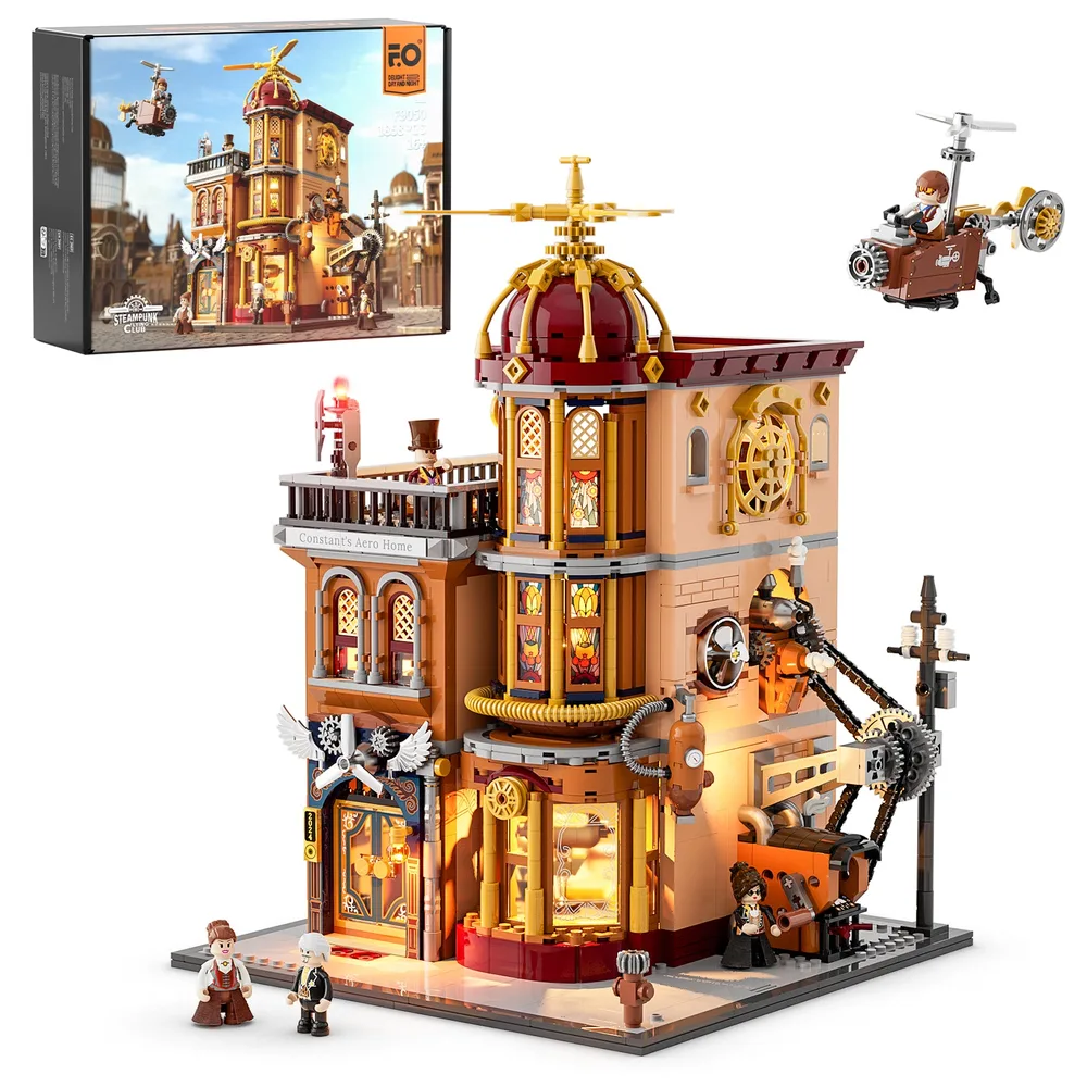 Lumibricks Steampunk Flying Club F9050, 1858 pieces, modular building with a small aerial vehicle and five minifigures, set against a white background with its product box.