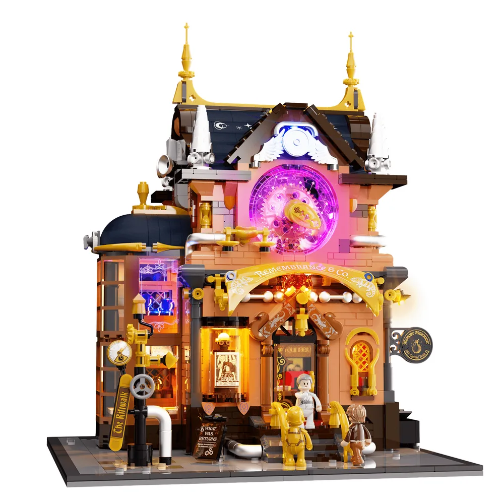 Lumibricks Steampunk Memory Magic Shop 11013 illuminated, showing facade with a glowing purple clock and golden accents.