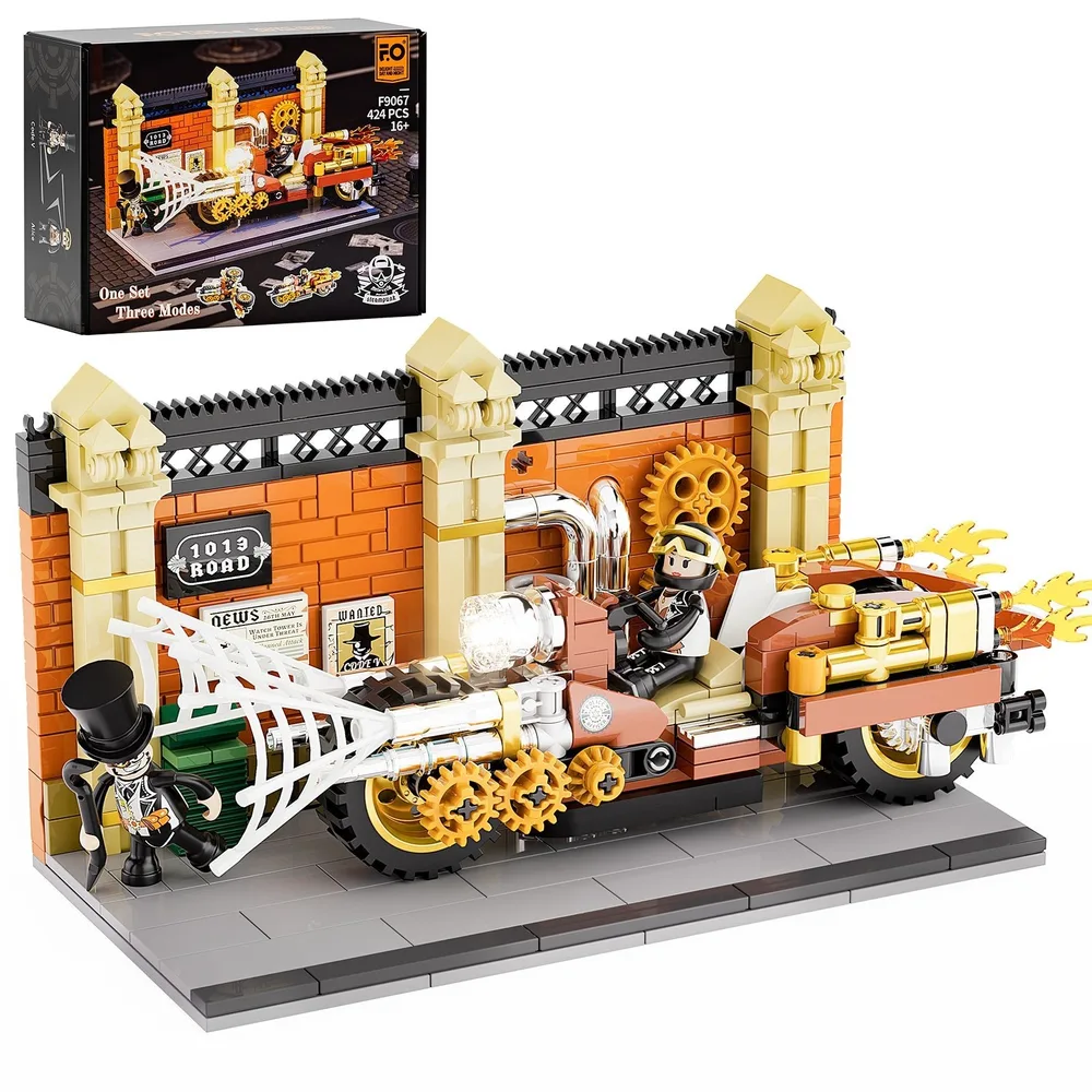 Lumibricks Steampunk Motorcycle Pursuit F9067 set with 424 pieces, showing a detailed steampunk motorcycle, a top-hatted villain, and a brick wall backdrop with industrial details. The box is in the upper left corner.