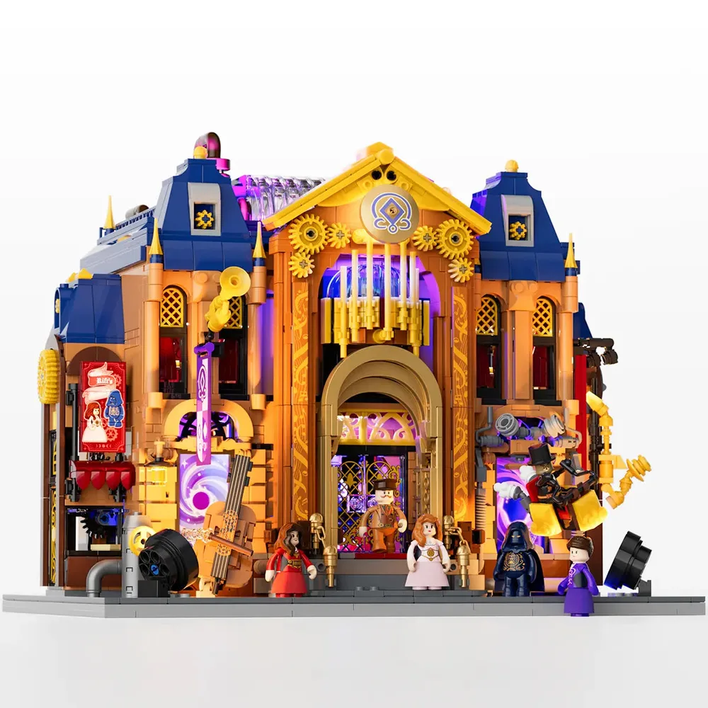 Full frontal view of the illuminated Lumibricks Steampunk Time Opera House, showcasing its tan and blue facade, golden accents, and vibrant purple, orange, and blue lights.