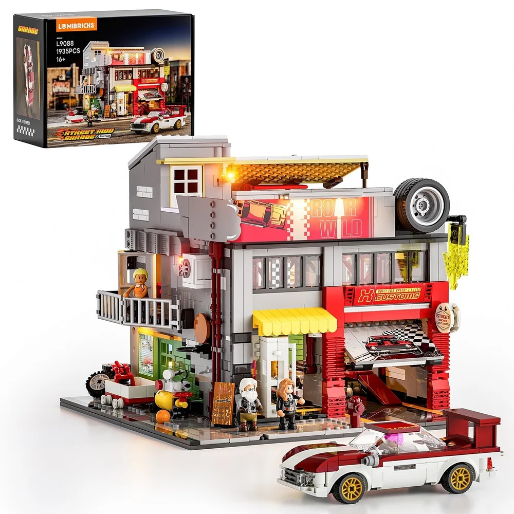 A Lumibricks L9088 Street Mod Garage set, featuring a multi-story building with a garage, balcony, and shop, alongside a custom sports car and minifigures, with the product box in the top left corner.