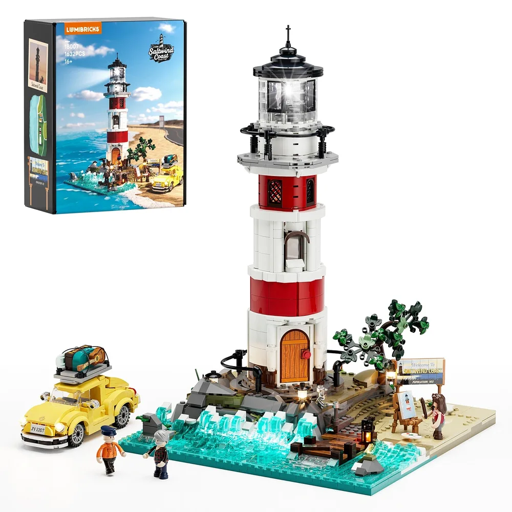 The Lumibricks Sunrise Lighthouse set 18007, featuring a tall red and white lighthouse, a yellow car, minifigures, and an illuminated coastline, displayed alongside its product box.