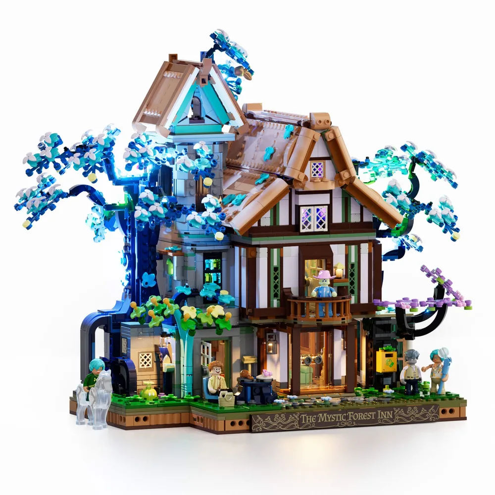 A fully assembled Lumibricks Sylvan Inn, featuring a multi-story building with brown roofs, white and dark brown timber framing, and two glowing blue trees on either side. Minifigures are visible around the entrance. The scene is brightly lit as if by daylight.