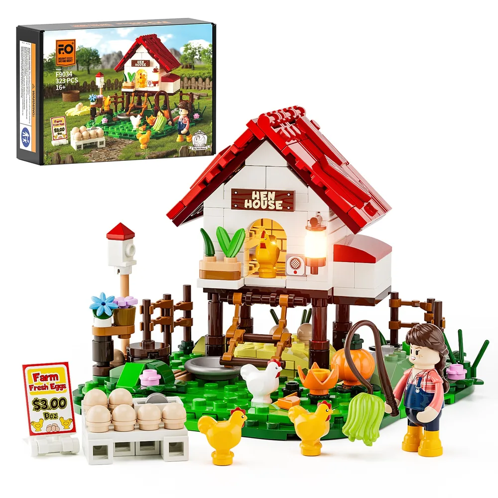 Lumibricks The Hen House F9034 set box and assembled model with minifigure, chickens, and egg stand in daylight.