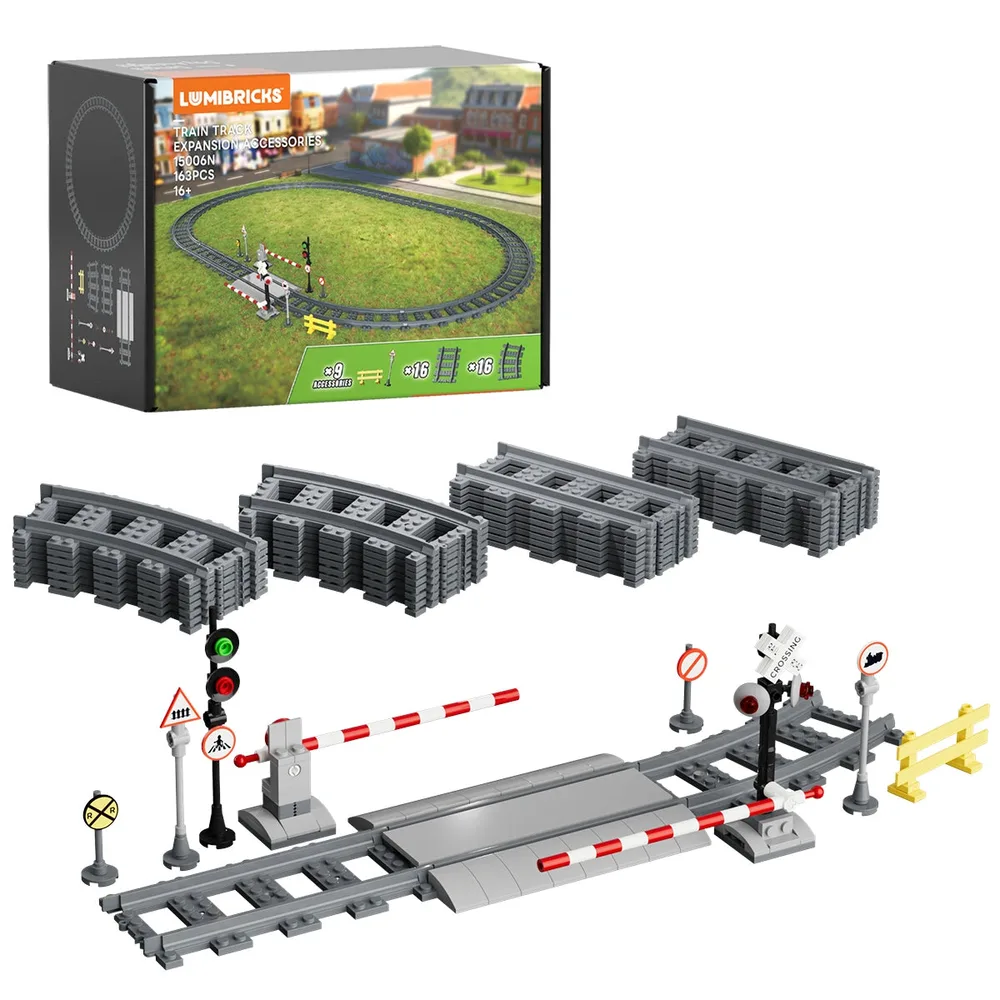 Lumibricks 15006N Train Track Expansion set with box, track pieces, and level crossing components.