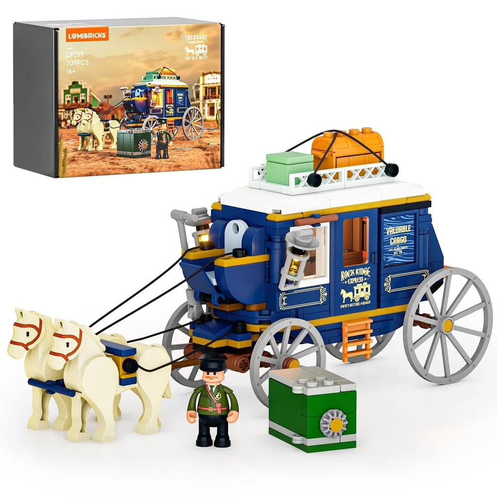 Lumibricks L9099 Treasure Stagecoach set, with box, horses, minifigure, and safe, presented against a white background.