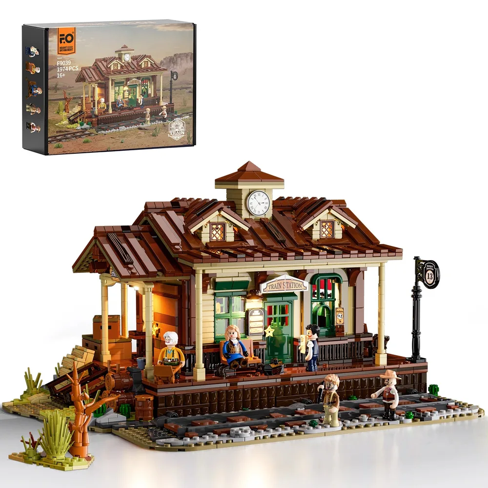 Lumibricks F9039 Desert Junction Train Station set with box and minifigures.