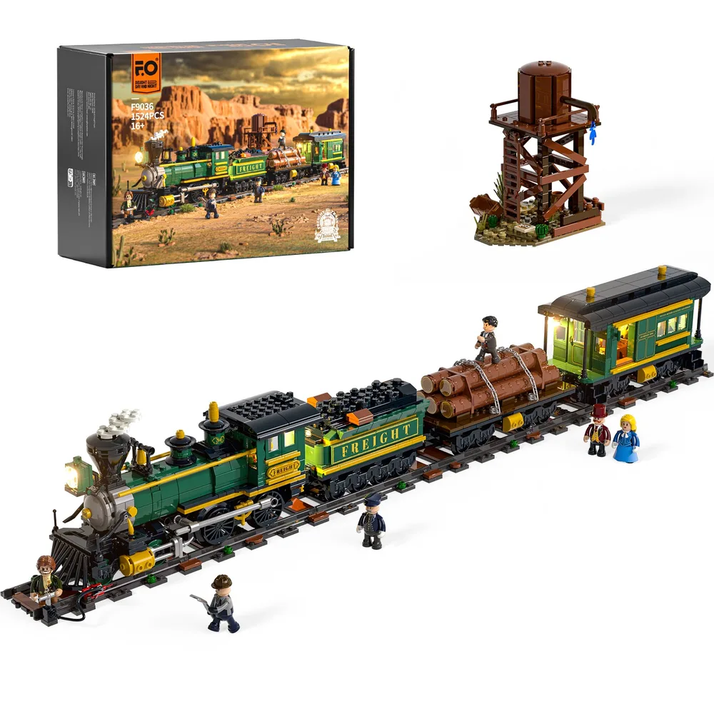 The Lumibricks Western Freight F9036 set, including the box art, the assembled train on tracks, and a separate water tower structure against a white background.