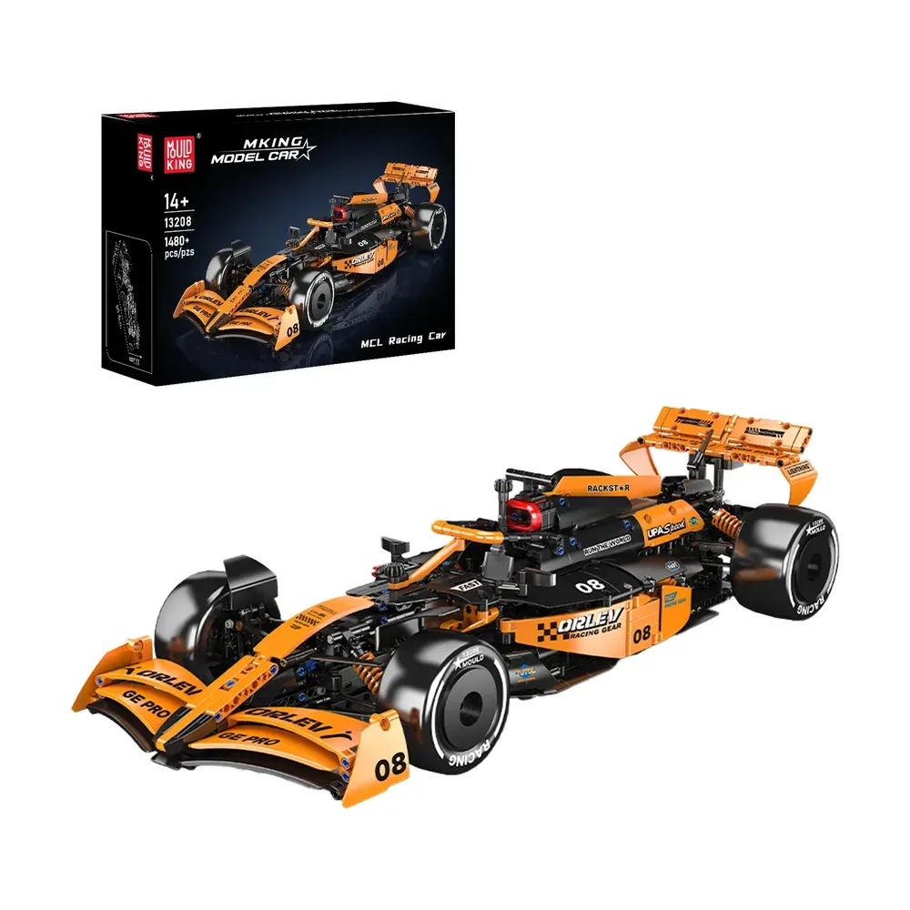 A Mould King MCL Racing Car 13208 building set shown both assembled and in its product box. The assembled car is orange and black with white detailing, displaying the number "08" and various sponsor-like logos. The box shows the car model, the "14+" age recommendation, and "1480 pcs/pzs".