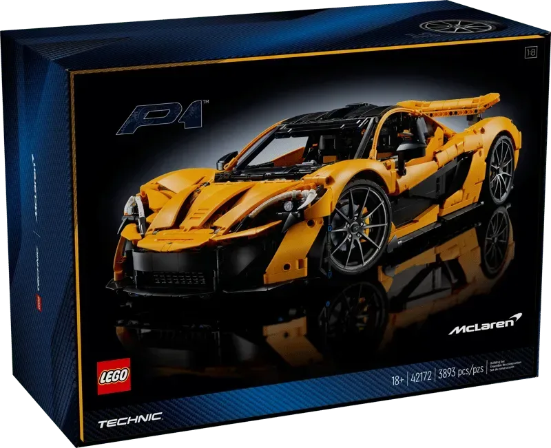 The Lego McLaren P1™ 42172-1 set box, showcasing the stunning orange supercar against a dark, futuristic background.