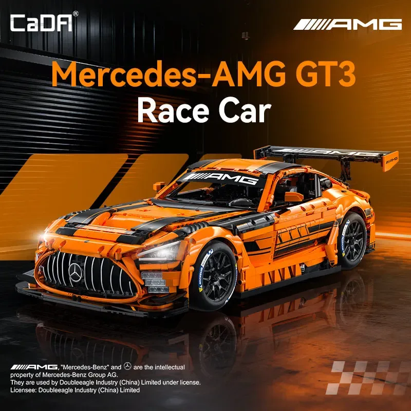 A promotional image featuring the CaDA Mercedes-AMG GT3 C64008W brick-built race car model from a dynamic front-quarter perspective, highlighting its detailed orange and black livery against a dramatic, gradient orange background. The image includes "CaDA" and "AMG" logos, along with the product title "Mercedes-AMG GT3 Race Car."