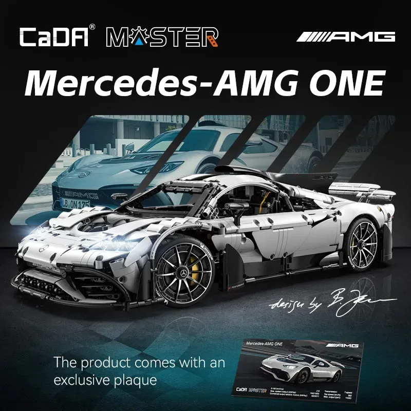 CaDA Mercedes-AMG ONE C61503W building block model showcased in a dynamic promotional image, highlighting its intricate design and the official Mercedes-AMG licensing.