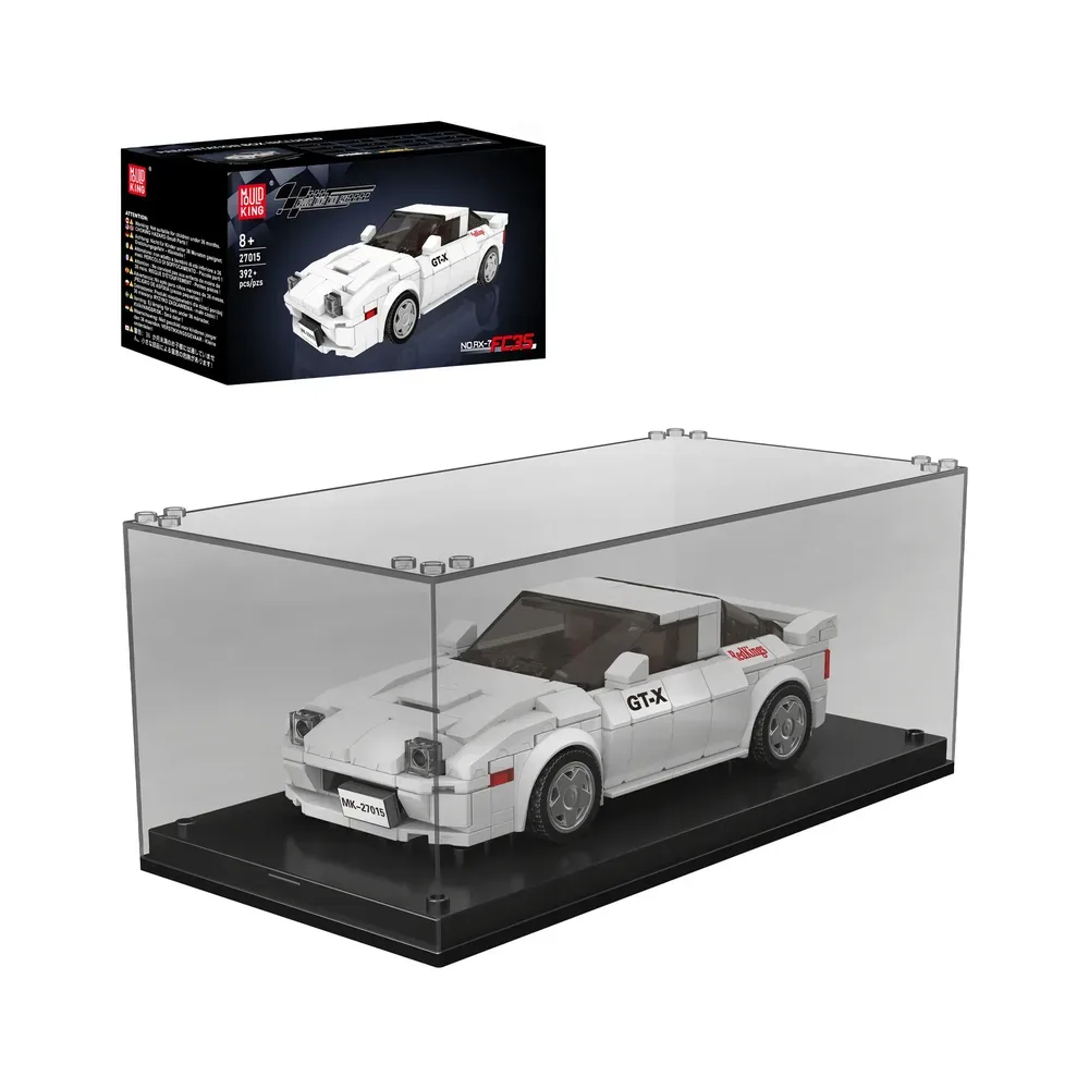 Mould King RX7 FC35 Car Model 27015 building set displayed in an acrylic case with the product box in the background.