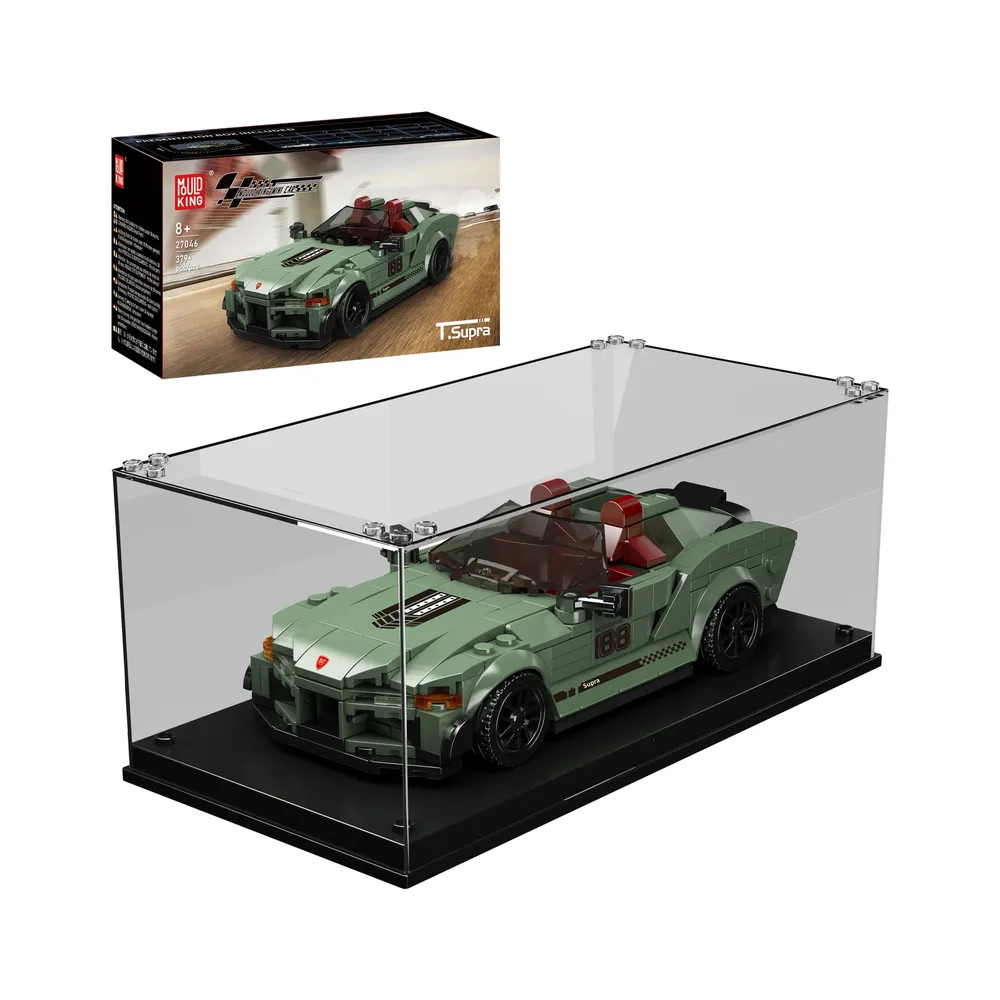 The Mould King 27046 Supra Convertible car model, an olive green brick-built vehicle with red interior, is displayed inside a clear acrylic case, with its branded product box floating above it.