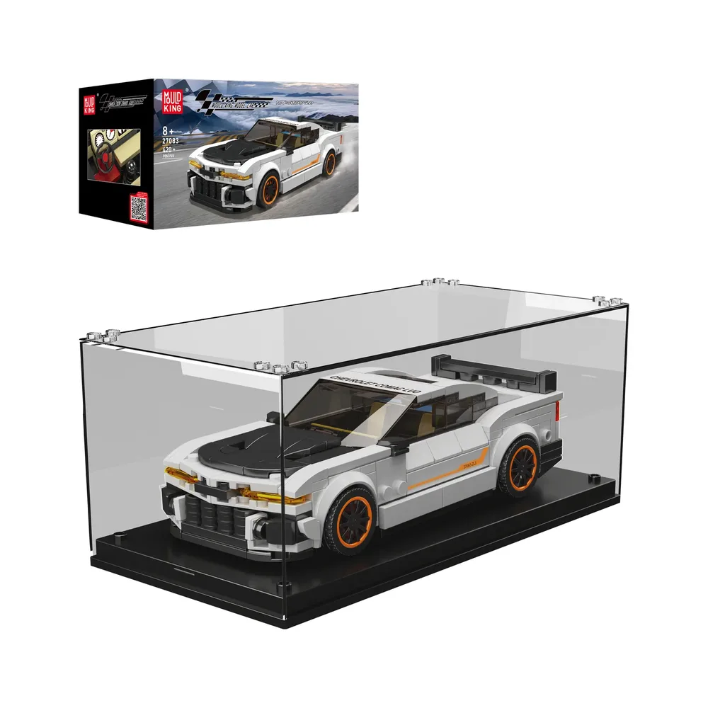 Mould King Camaro Muscle Car Model 27083 in a display case with its box