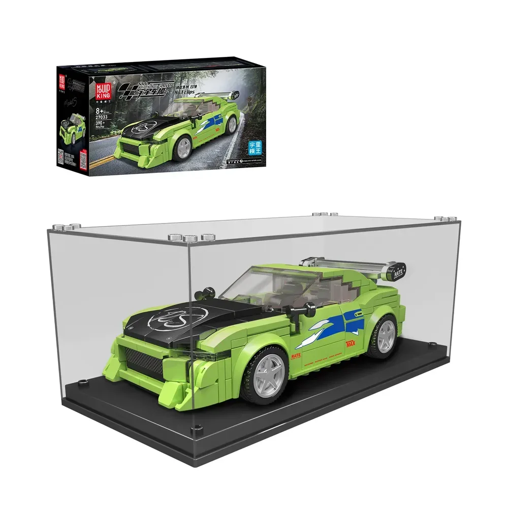 Mould King Eclipse GS Green Model Car 27033 in display case with product box on a highway background.