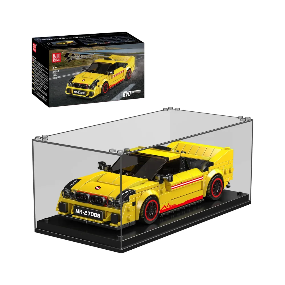 A Mould King EVO38 Rally Car model, set 27088, in vibrant yellow with red racing stripes, is displayed within a transparent protective case on a black base. The car features black wheels with red rims and a custom 'MK-27088' license plate. In the background, the model's presentation box is visible, showing the car on the cover and listing details like '8+' age recommendation and piece count.