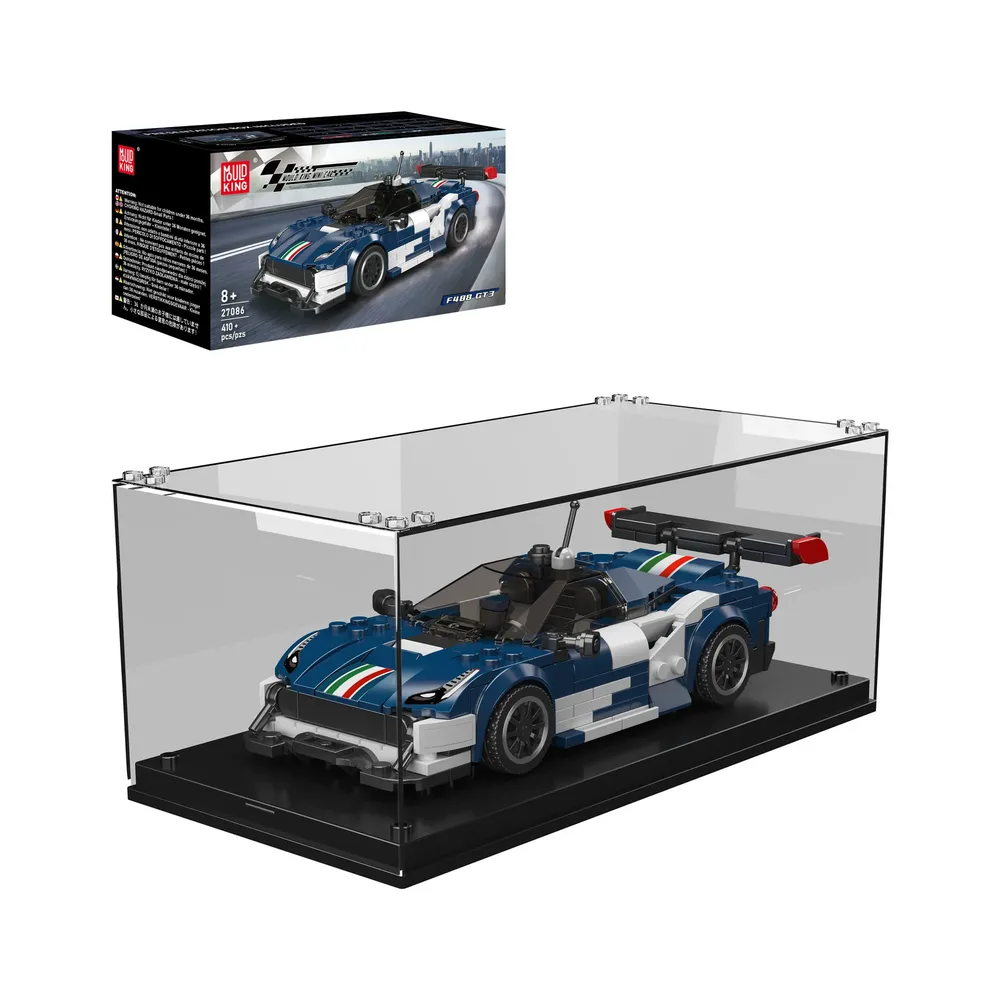 Mould King F488 GT3 Supercar Model 27086 shown in its original retail box and fully assembled within a clear acrylic display case, highlighting its intricate dark blue, white, and red racing livery.