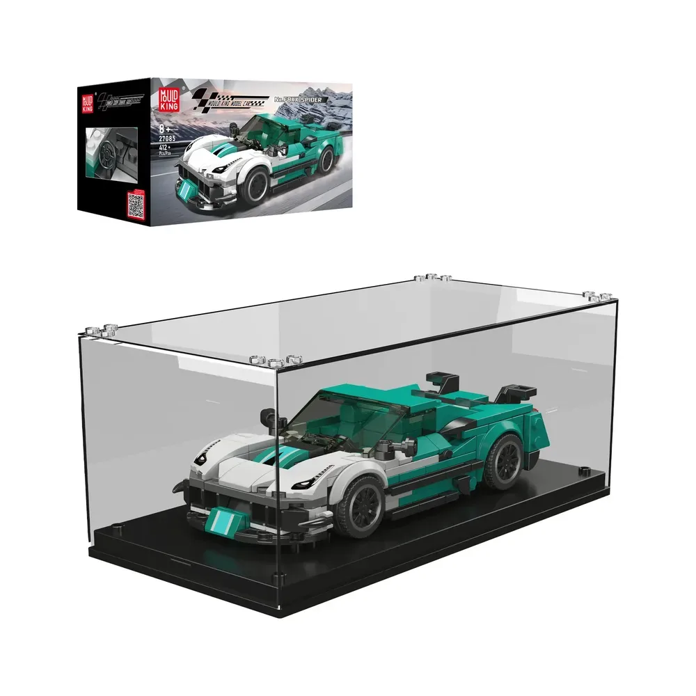 A Mould King F8XX Supercar model (27085) in teal and white inside a clear display case, with its black and white product box visible in the background.