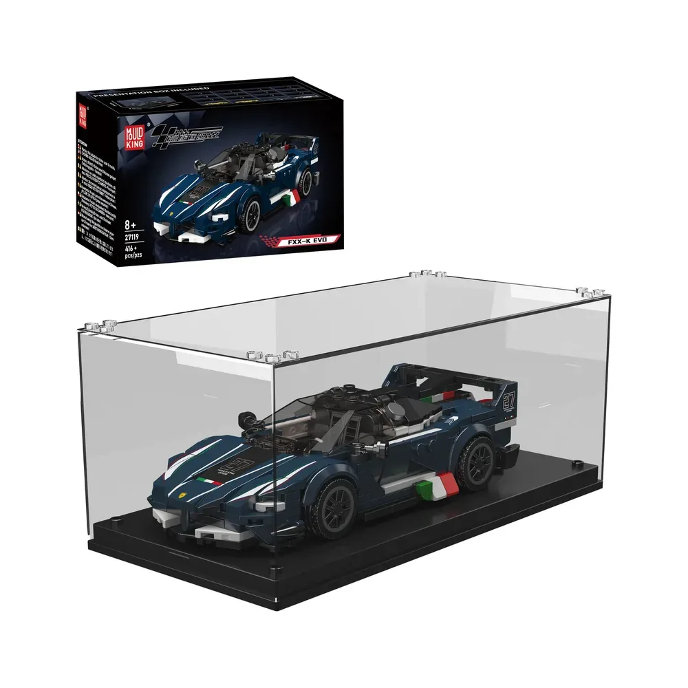 Mould King FXX-K EVO Racing Car 27119 in a clear display case, with the product box in the background.