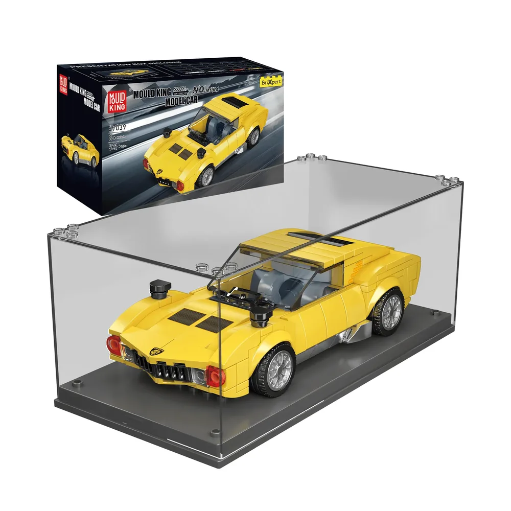 Mould King Italian Bull Miura Car Model 27039 in a display case with its box, showcasing the bright yellow brick-built supercar.