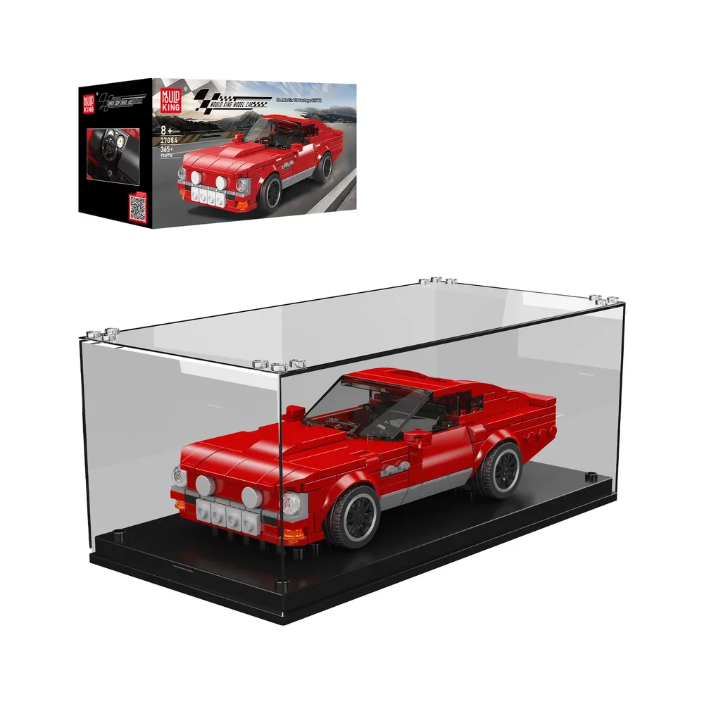 Mould King Martin V8 Vintage Car Model 27084 in a clear display case with its product box in the background.