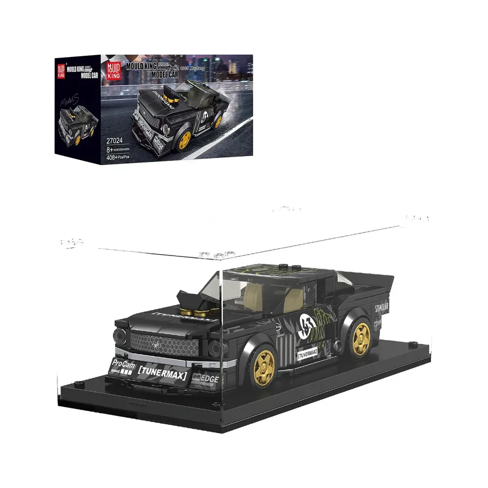 Mould King No. 1965 Mustang Car Model 27024 in a display case with its product box.