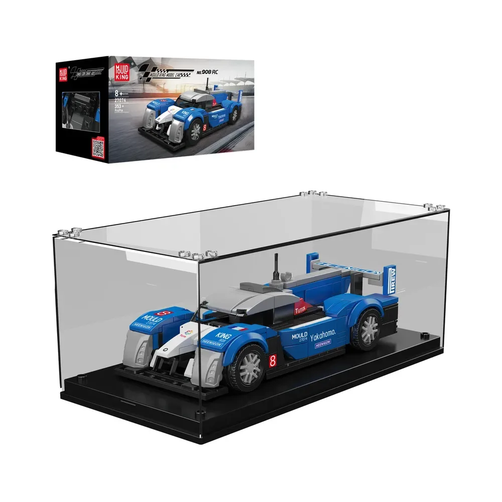 The Mould King PG 908 RC Model 27074 race car, primarily blue and white with sponsor decals, displayed inside a clear acrylic case with a black base. The product box, featuring the car on a racetrack, is visible in the upper left corner. The car has the number '8' on the side and a prominent rear wing.