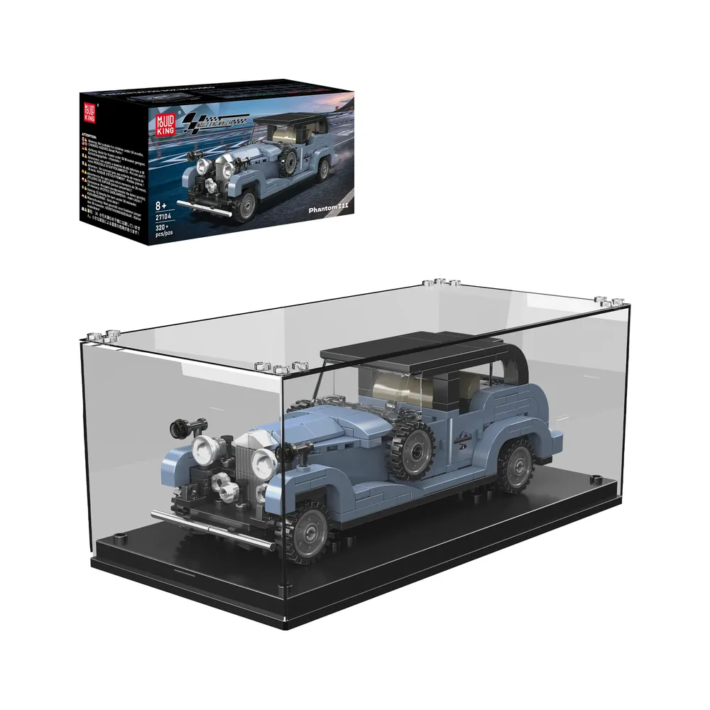 Mould King Phantom III Vintage Luxury Car 27104 in a clear display case with its product box in the background.