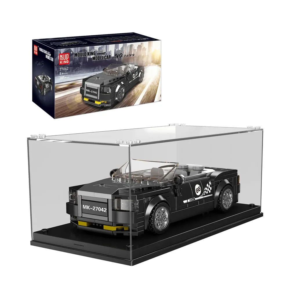 Mould King R.R. DAWN 27042 car model, sleek black, showcased in a clear display case with its product box in the background, hinting at its contents.