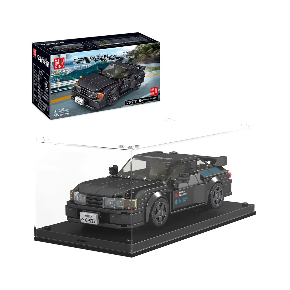 Mould King The GTR R32 Mini Sports Car 27014 in a display case with its product box.