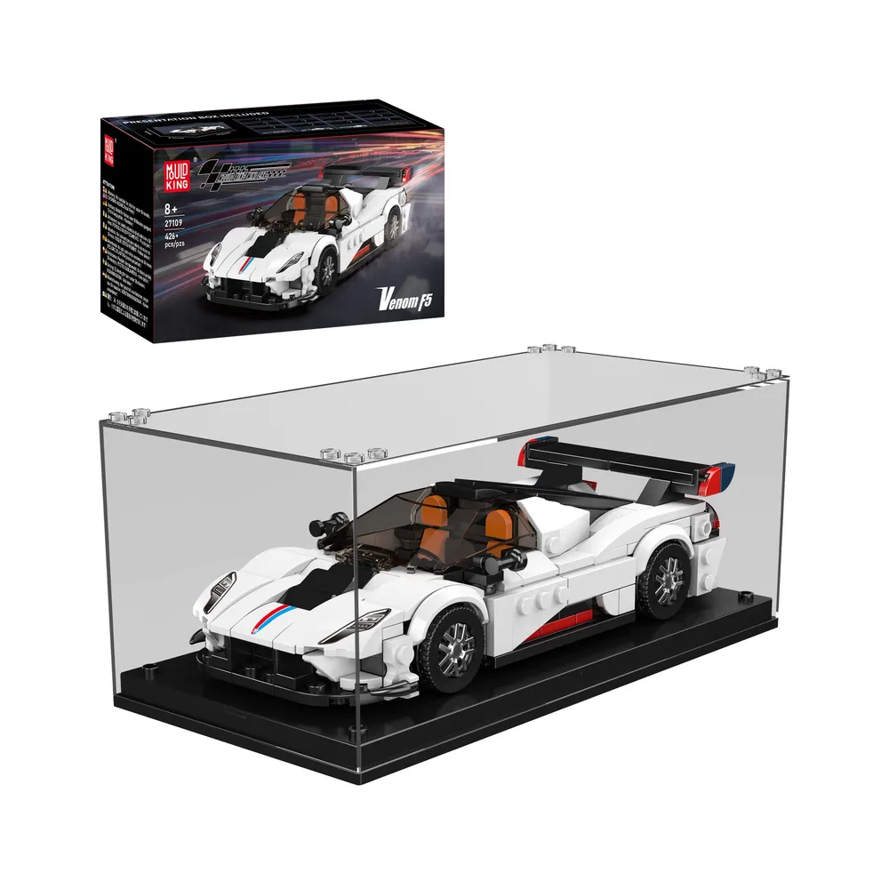 A white Mould King Venom F5 supercar model, 27109, displayed inside a clear acrylic case, with the product box visible behind it.