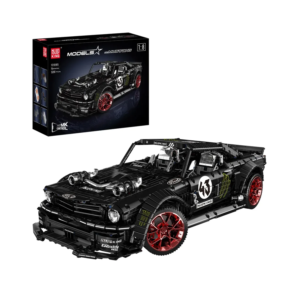 Mould King Mustang 1,400BHP Remote Controlled Sports Car 13108S complete with its retail packaging, showcasing the detailed black brick model with red wheels.