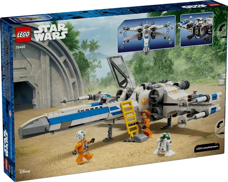 A detailed view of the Lego Star Wars X-Wing Starfighter set (75460) landed on a sandy base, featuring minifigures and R2-D2.