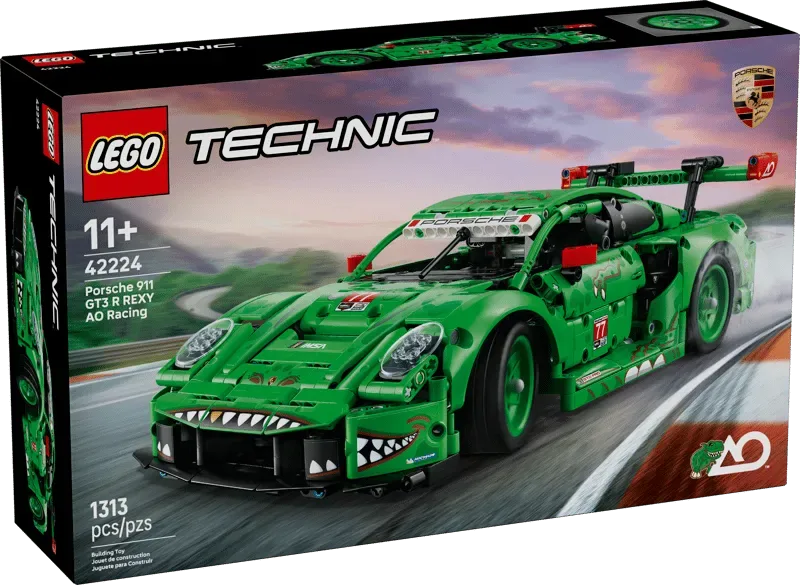 Front view of the Lego Porsche 911 GT3 R REXY AO Racing Car 42224-1 box, showcasing the vibrant green model with shark teeth graphics.