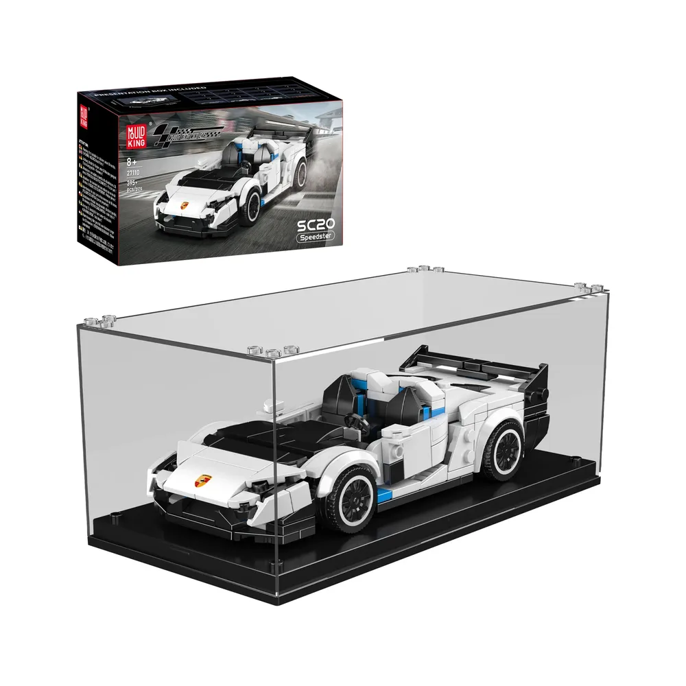 Full view of the Mould King SC20 Speedster 27110 building set in a transparent display case, with its product box visible in the top left corner. The car model is white with black and blue accents.