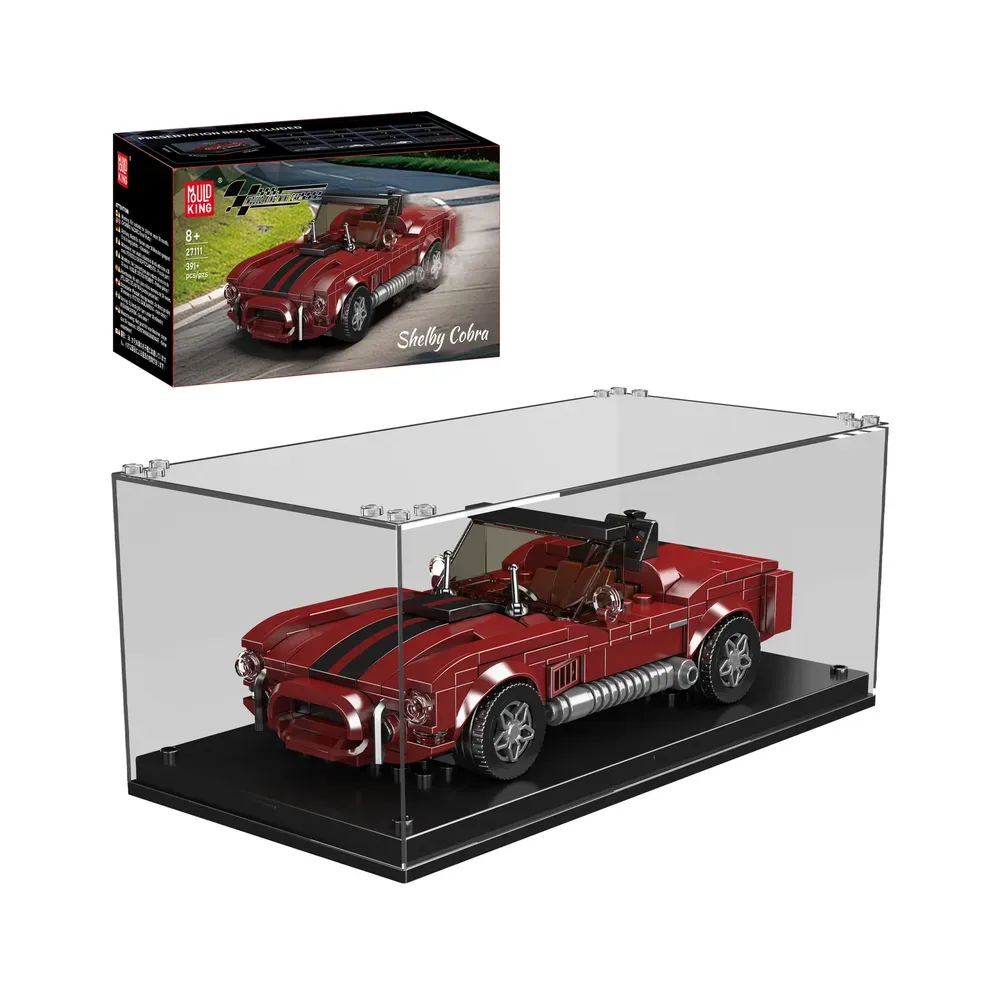 The Mould King Shelby Cobra 427 Roadster 27111 set, displayed in a clear acrylic case with a black base, and its product box visible in the top left corner, all against a white background.