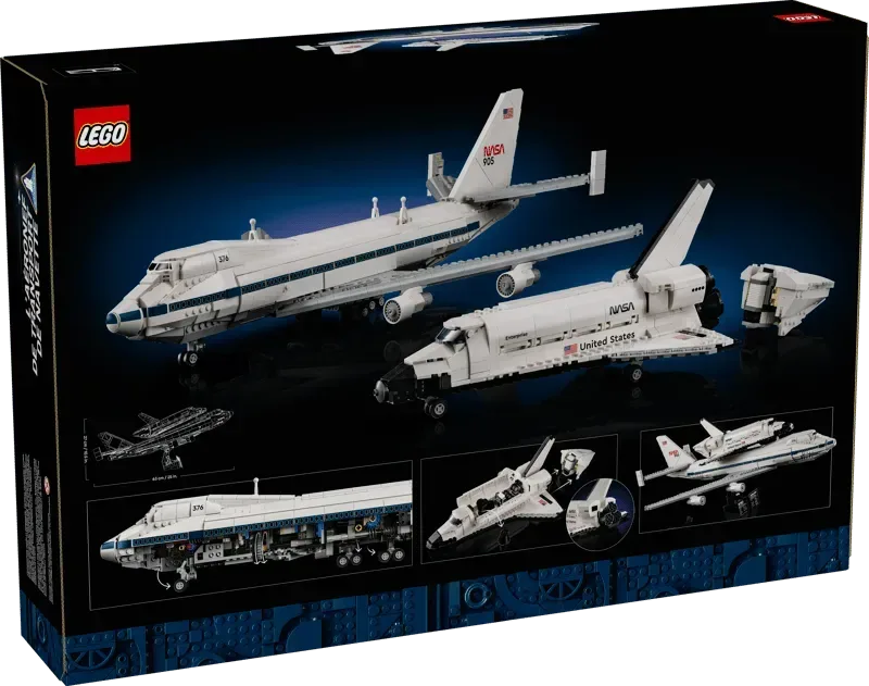 Rear view of the Lego Shuttle Carrier Aircraft 10360-1 box, showcasing the assembled model and various features.