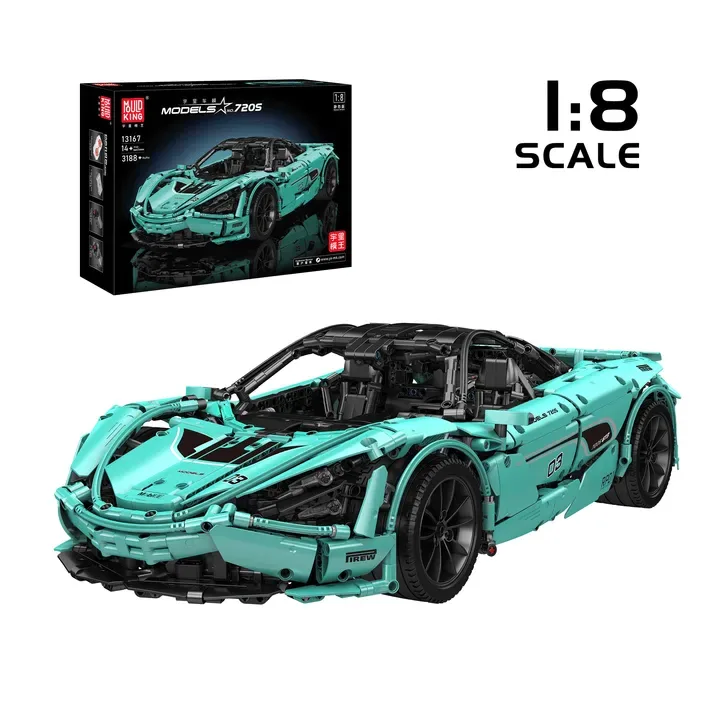 Mould King Tiffany Sports Car 13167 remote controlled building blocks set, 1:8 scale, with box and assembled model.
