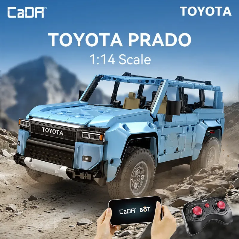 CaDA TOYOTA PRADO C51209W 1:14 scale remote control building block model in light blue, shown on a rocky terrain with app and physical remote control options.